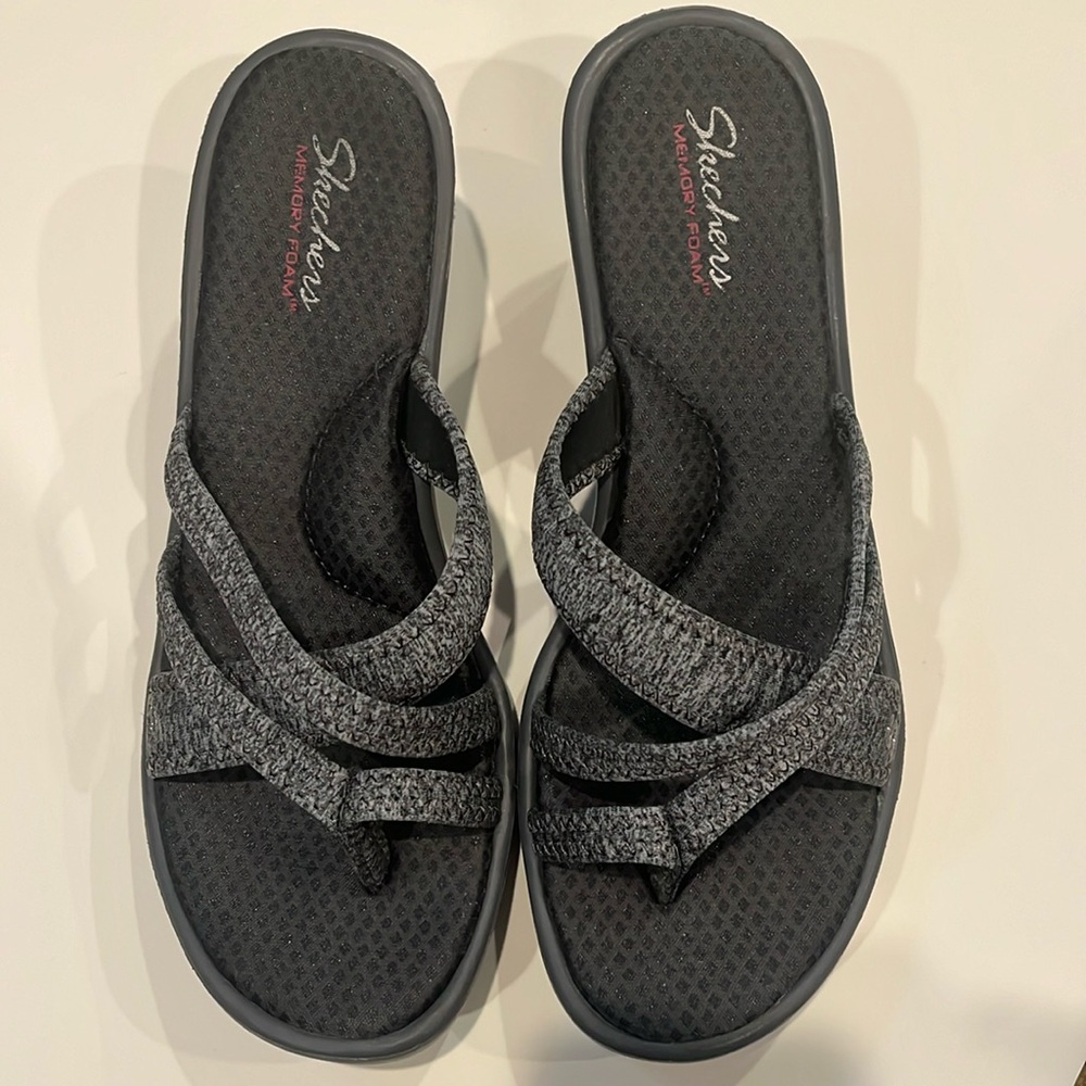 Sketchers Rumbler Gray Fabric Wedge Sandal 11